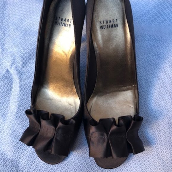 Stuart Weitzman Shoes - Stuart Weitzman GiGi Satin Ruffled Peep-Toe Heel